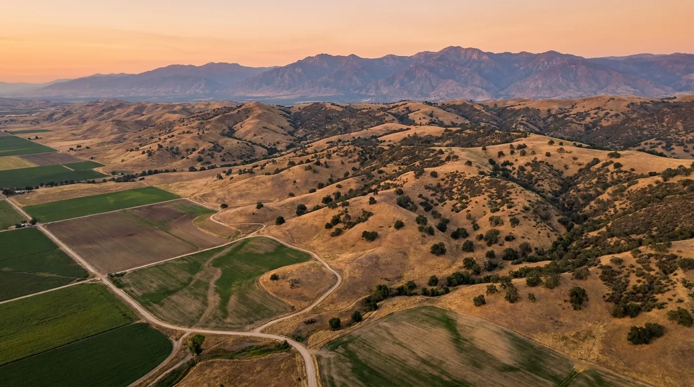 Aerial view of Kern County valley, foothills, and distant mountains