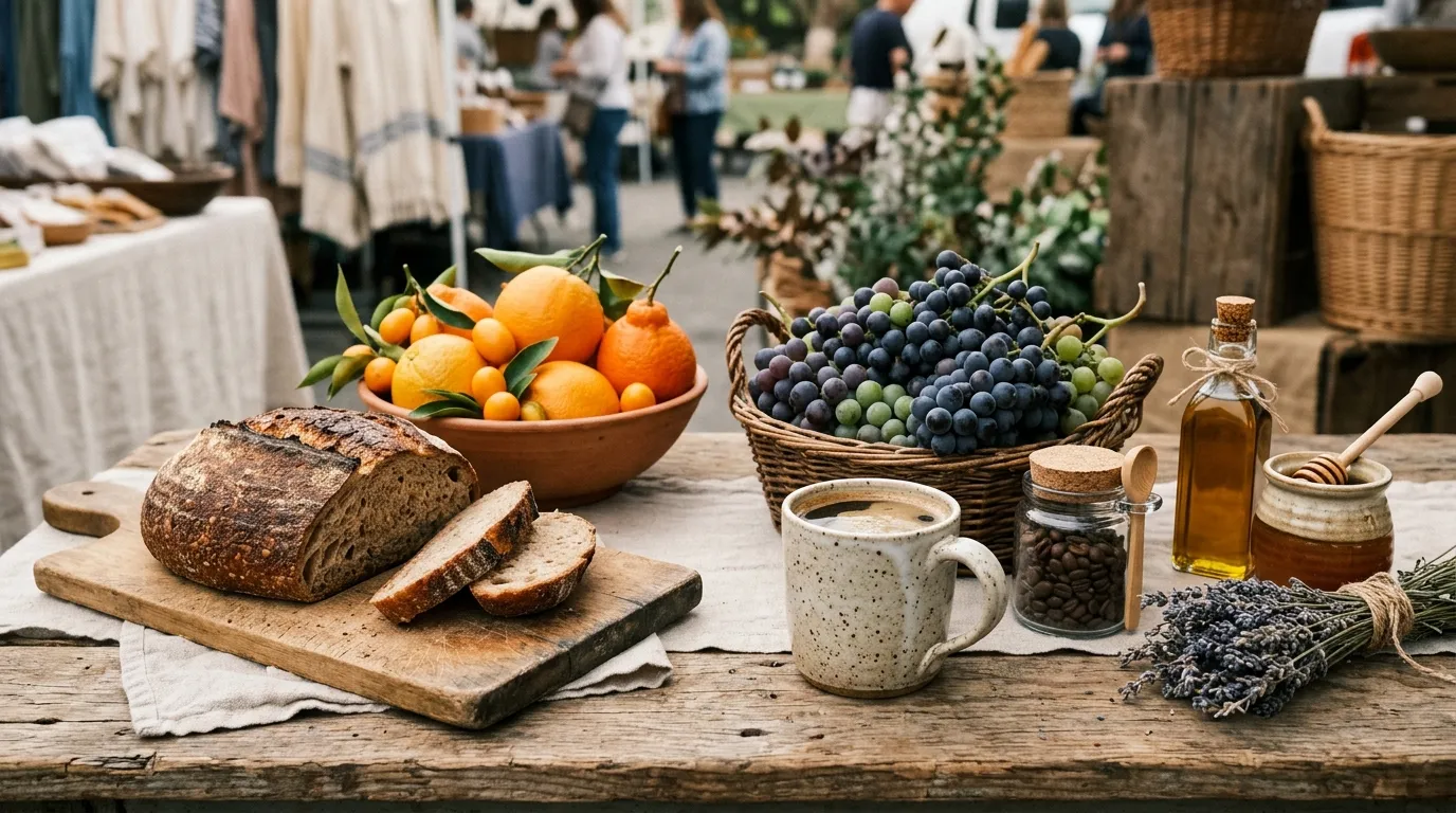 Bread, coffee, fruit, and handcrafted products from Kern County businesses