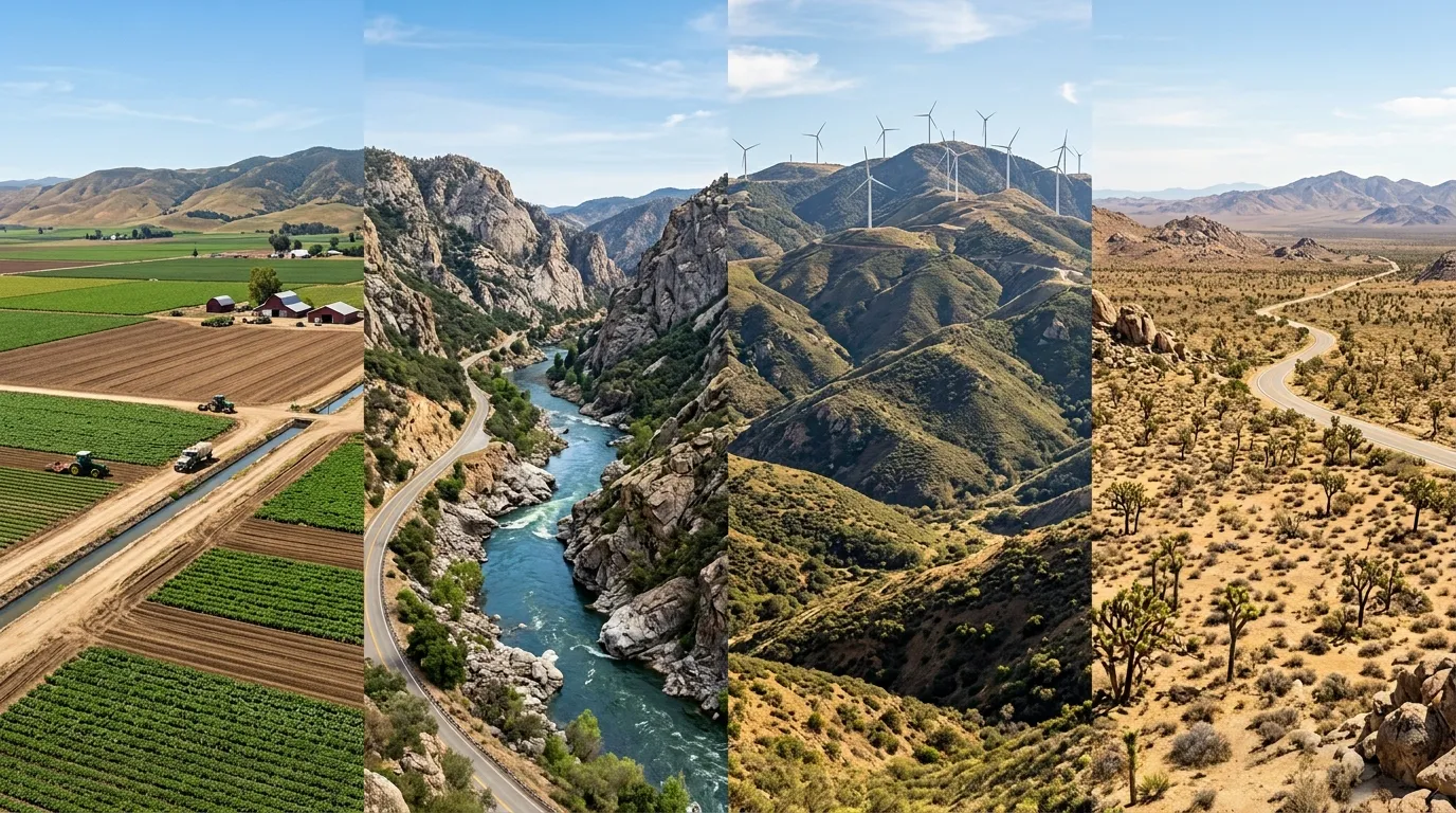 Four distinct Kern County landscapes including valley, river canyon, mountains, and desert