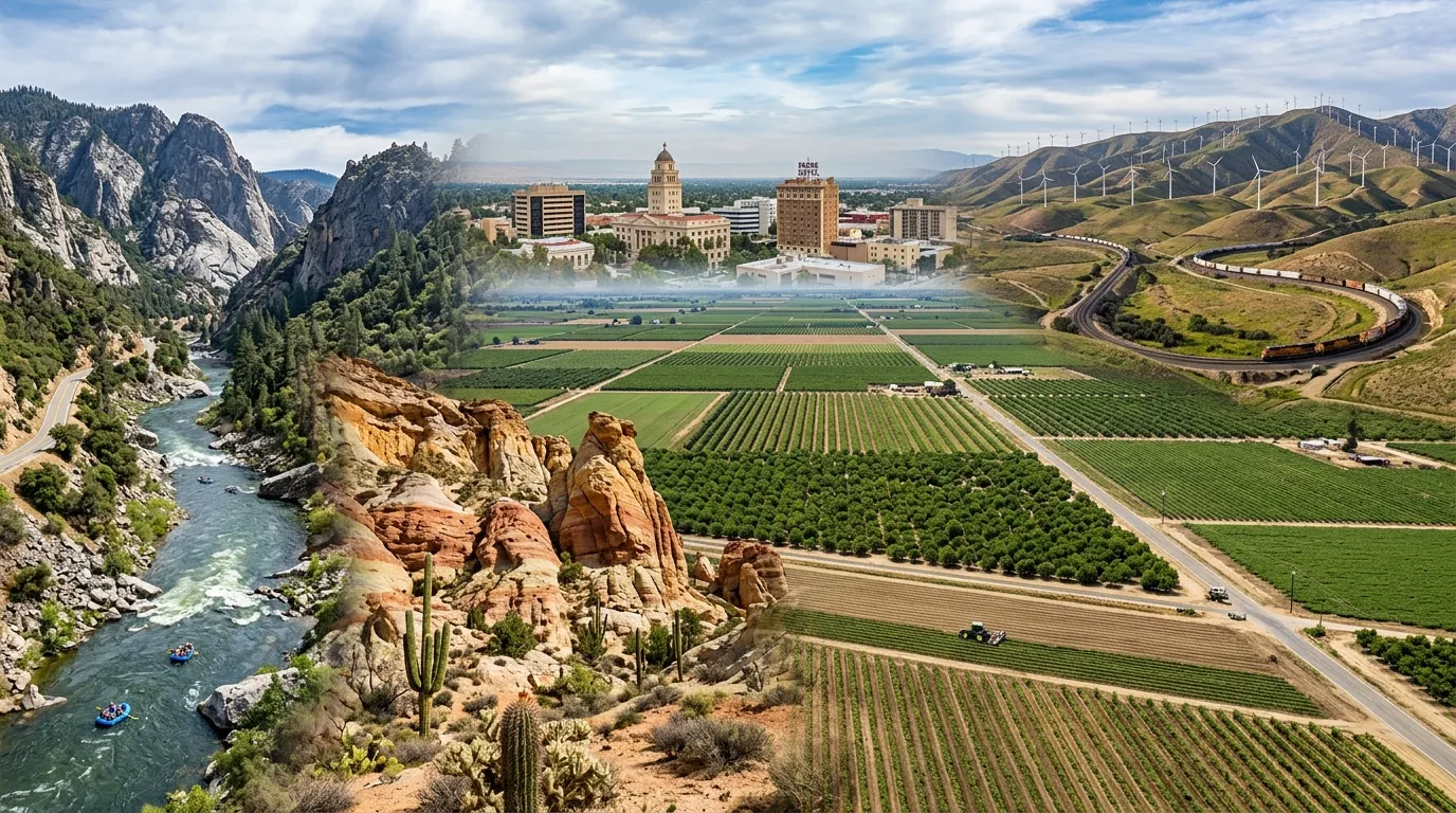 Kern County city, river, mountain, desert, and agricultural landscapes