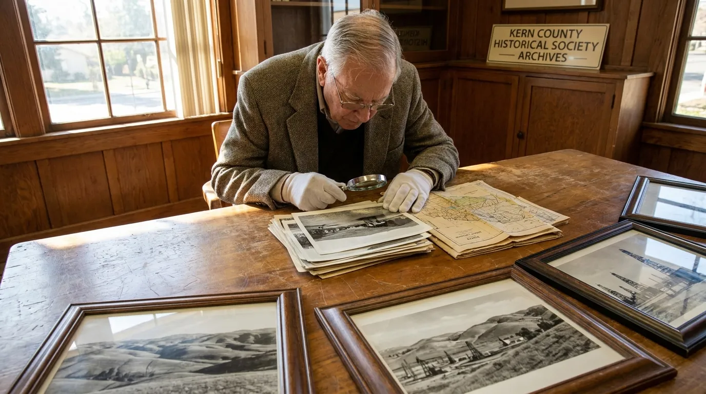 Research materials including Kern County maps and historical photographs