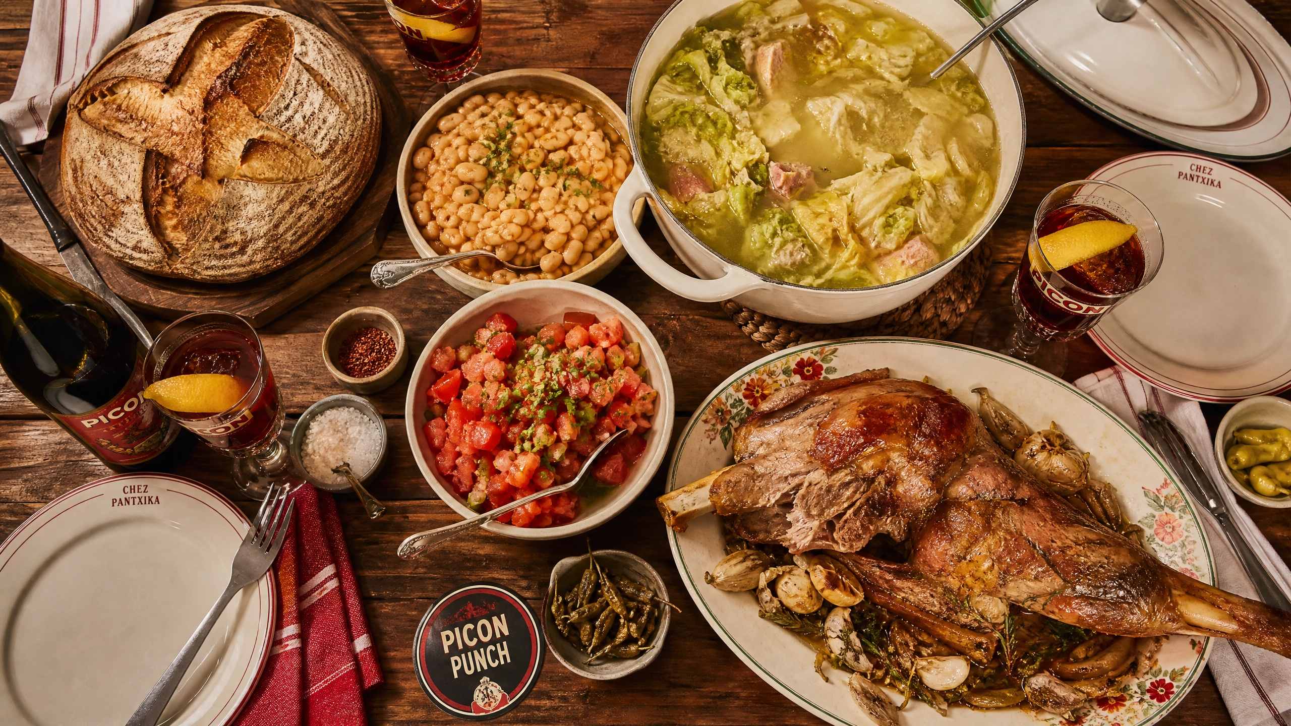 Traditional Basque family-style meal setup